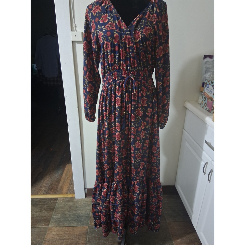 Boemo Floral Maxi Dress Navy Blue Red V-Neck Smocked Waist Long Sleeve Large